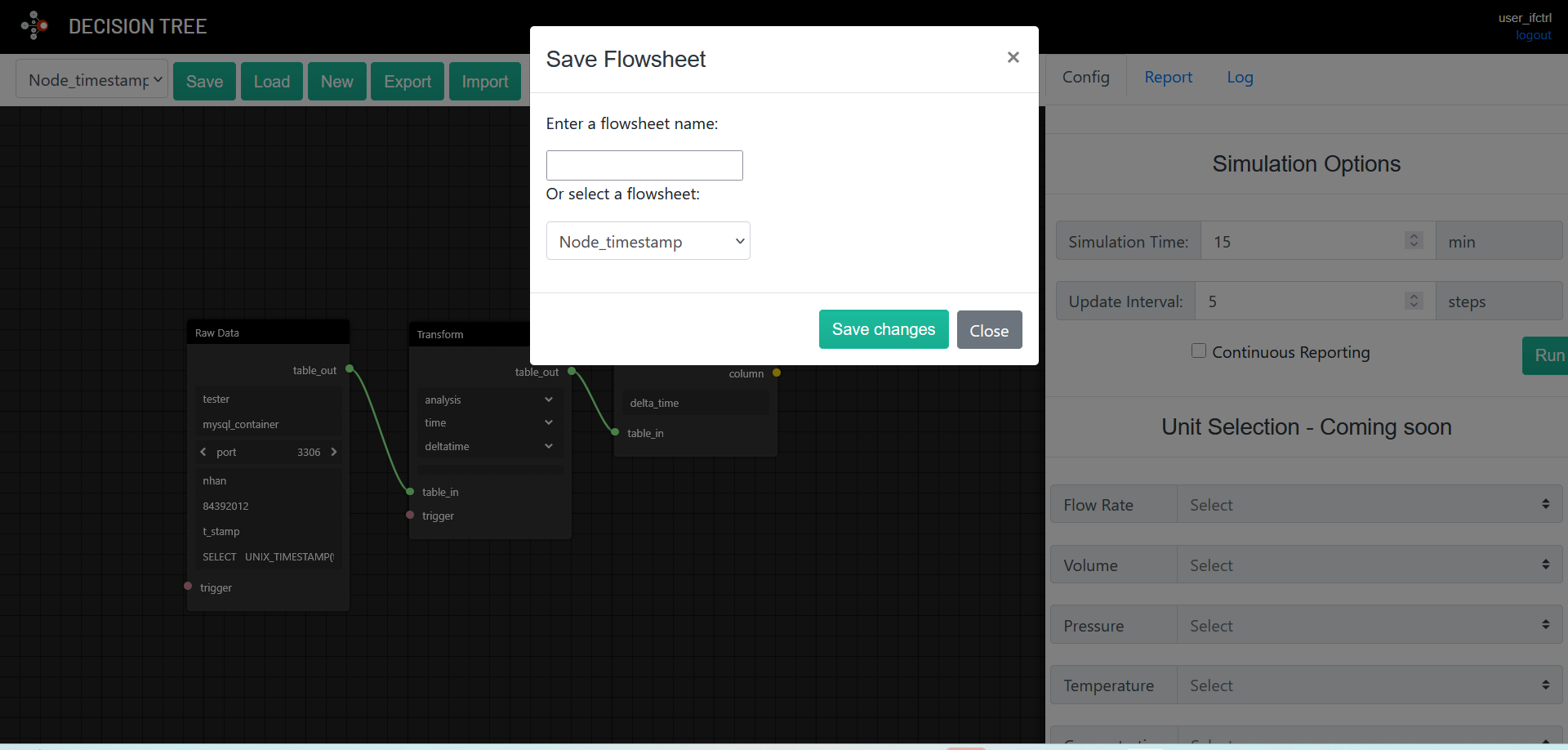 The Save Flowsheet dialog with one flat dropdown of flowsheets