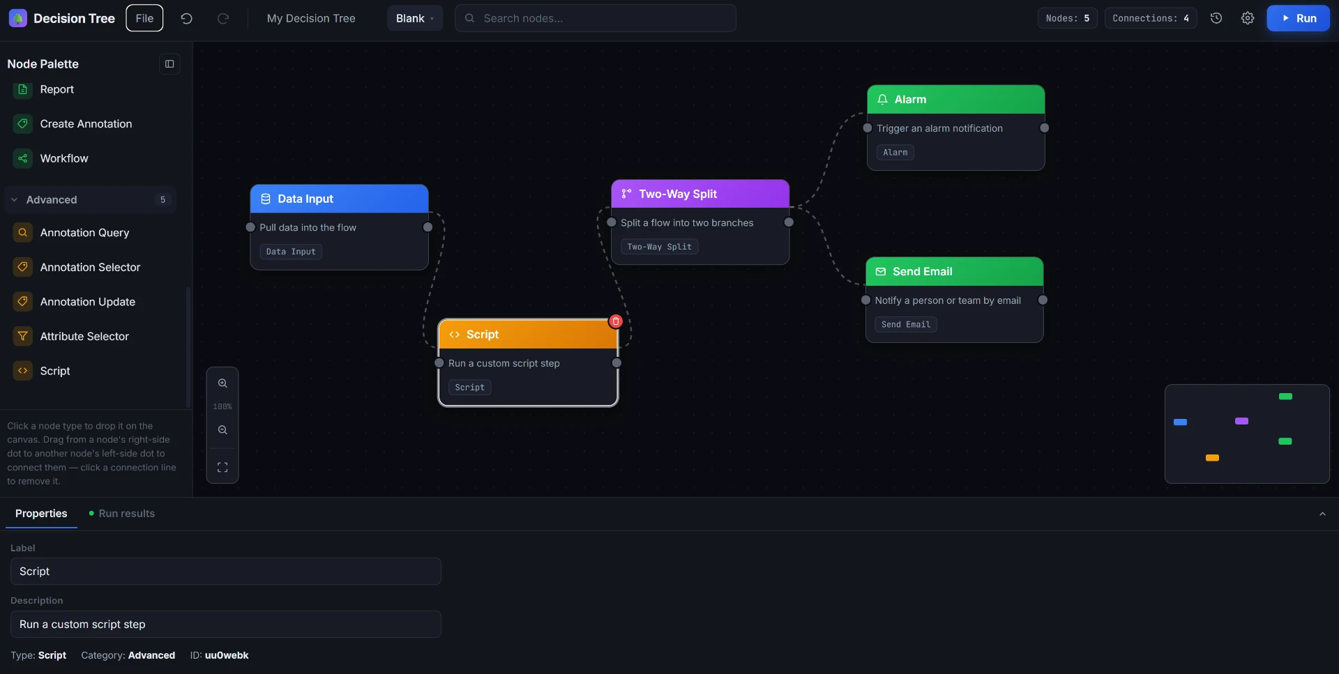 Dark canvas showing connected nodes with the properties panel open below