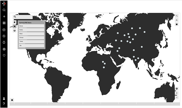Low-fidelity dark map prototype with asset filters, location markers, and map controls