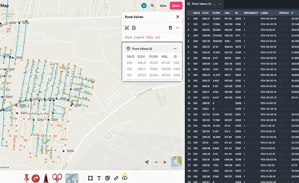 Felt map prototype showing the Pune Valves data table alongside the mapped network