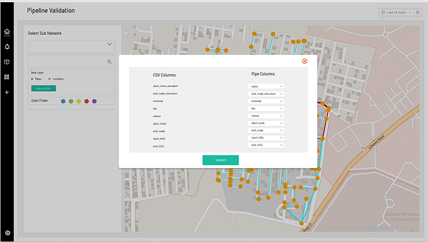 Apricot Portal CSV import dialog mapping CSV columns to pipe columns over a mapped pipeline network