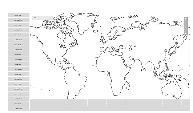 Low-fidelity world map wireframe with a properties list and basic map controls