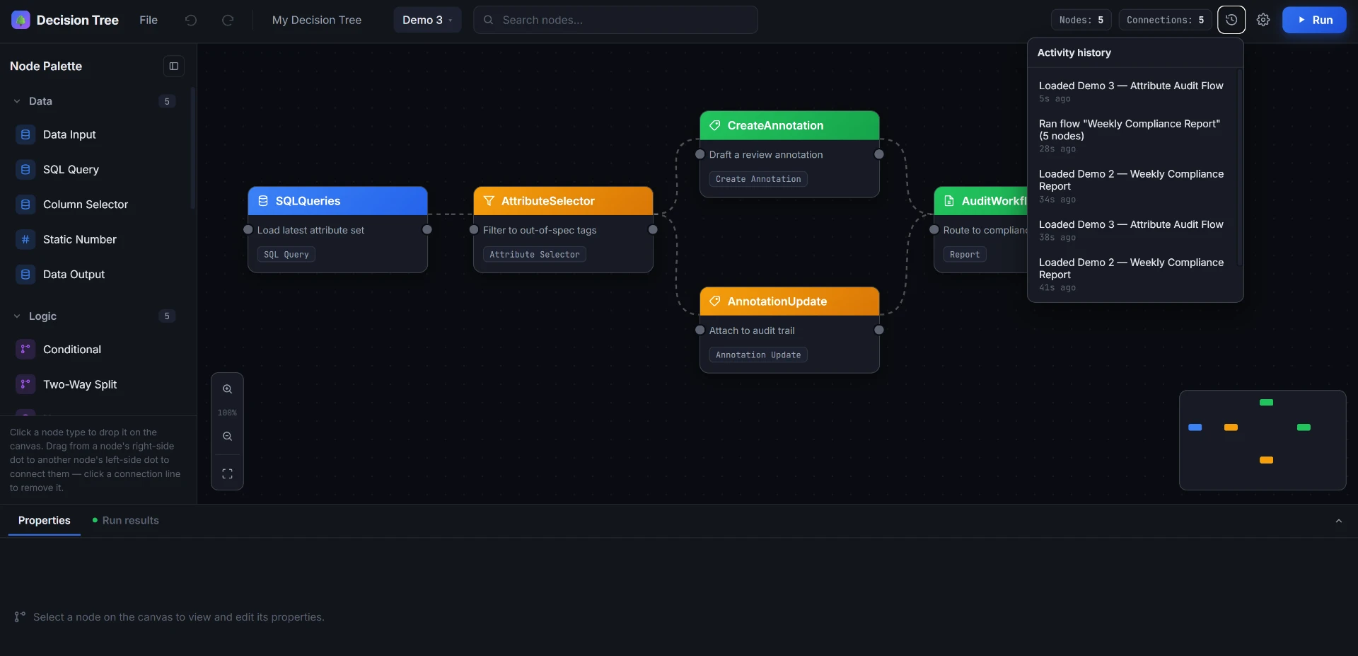 Activity history panel showing recent loads, runs, and edits with timestamps