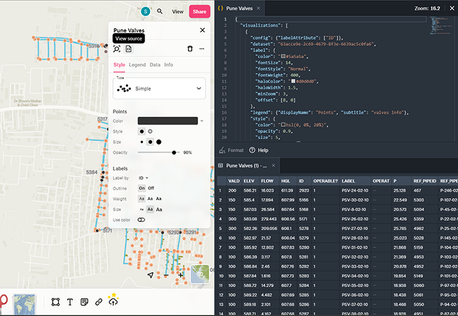 Felt map prototype showing the Pune Valves network with a styling panel and live data table
